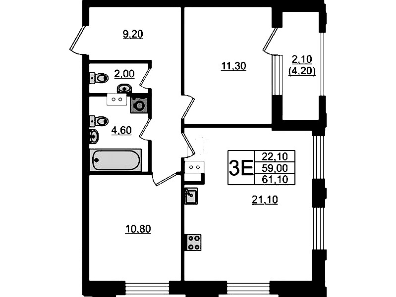 2-комнатная квартира 61.1 м², 10/13 эт., ЖК «Тайм Сквер»